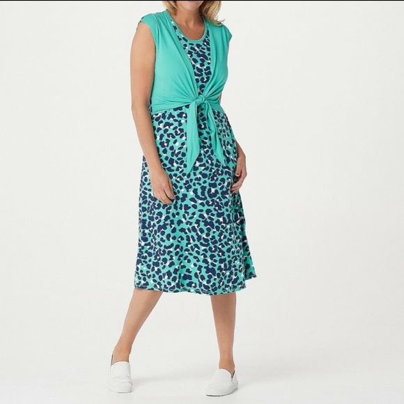 Cuddl Duds Flexwear Tie-Front Midi Dress Lagoon/Animal Petite X-Large - Picture 1 of 4